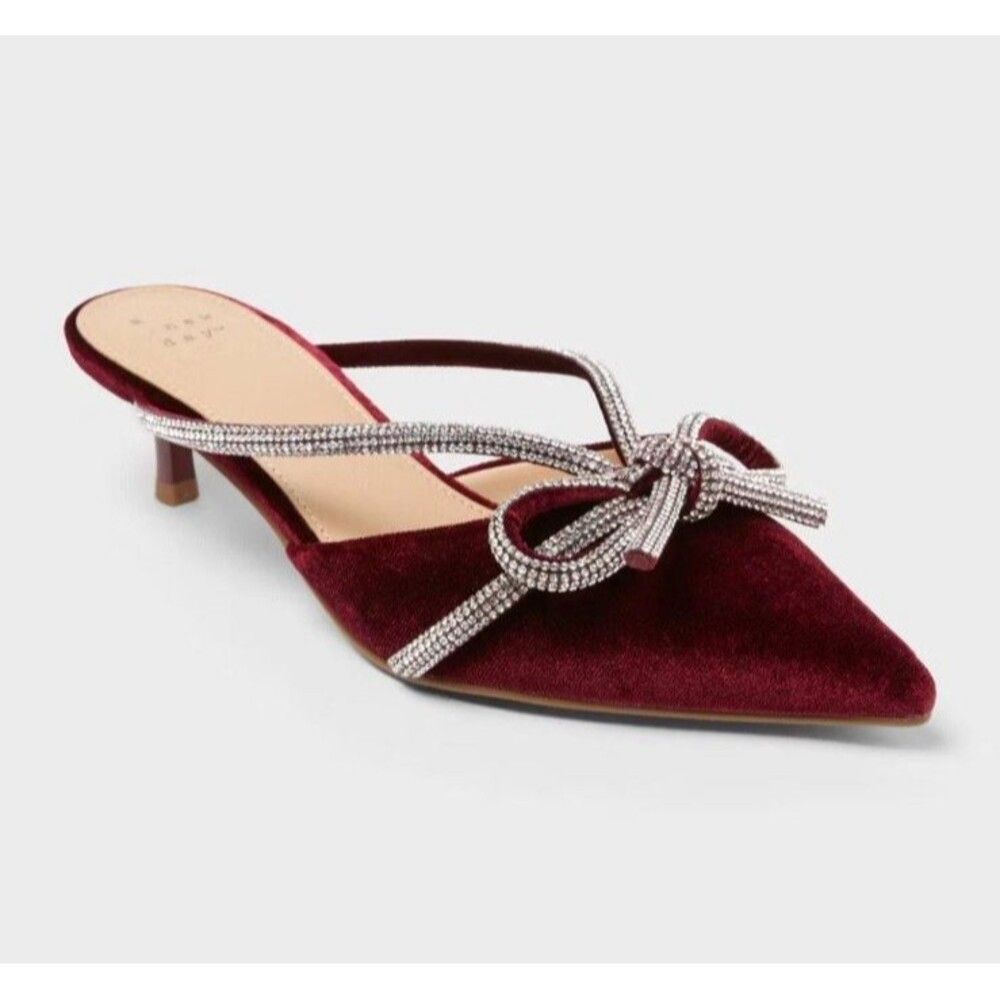 Women Gwen Rhinestones Bow Burgundy Elegant Kitten Heels Sz 7.5 Memory Foam New